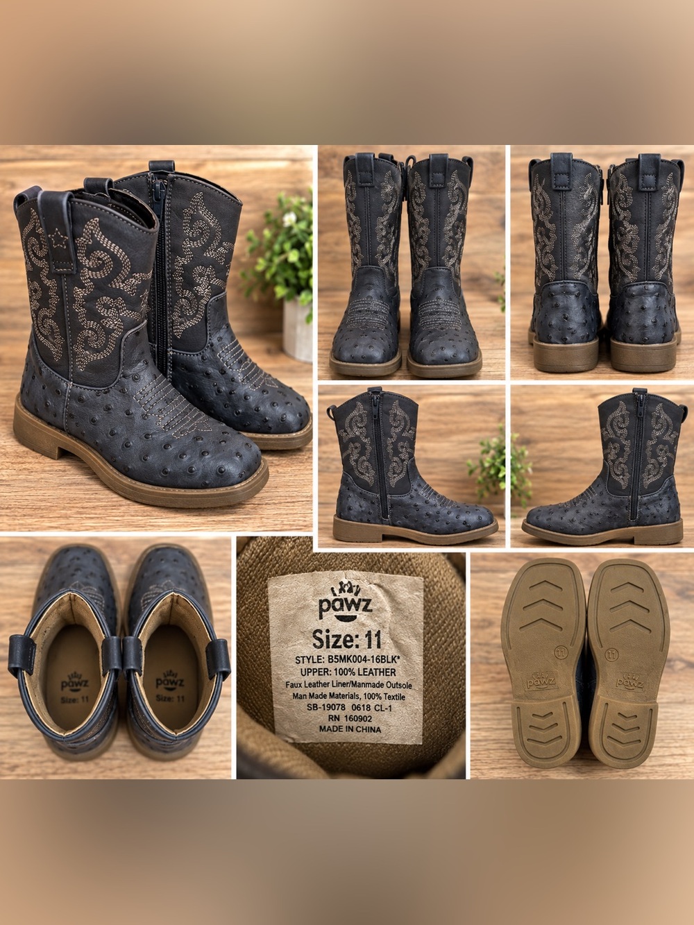 Pawz Kids Black Western Cowboy Boots Ostrich Print Size 11